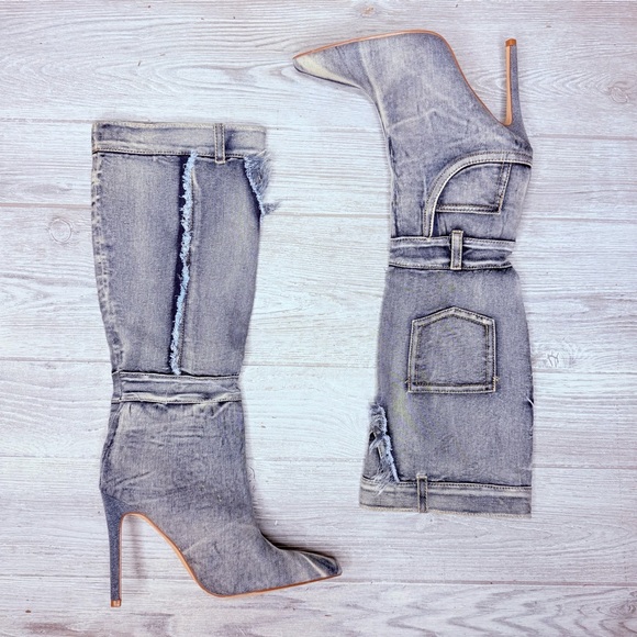 Shoes - Denim light wash blue jean Raw Edge Pointy Toe Stiletto High Leg Boots 7 pocket